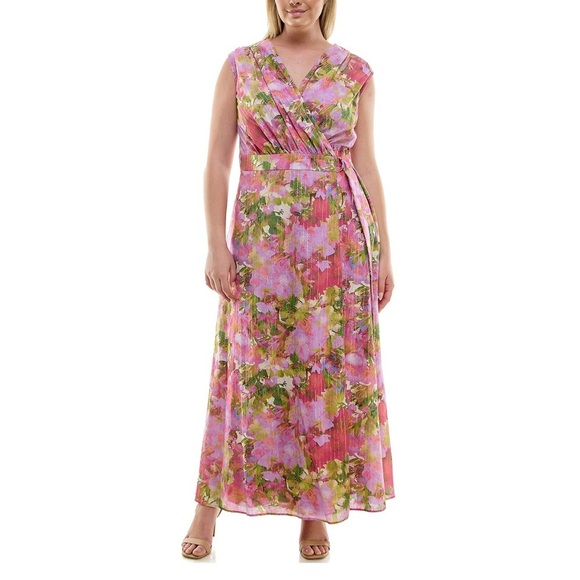 Taylor Pink Lilac Floral Sleeveless Maxi Wrap Dress Gold Metallic Stripe Size 16 - Picture 14 of 14